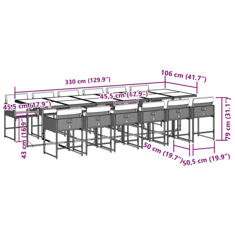 vidaXL 13-daļīgs dārza mēbeļu komplekts ar matračiem, melns PE