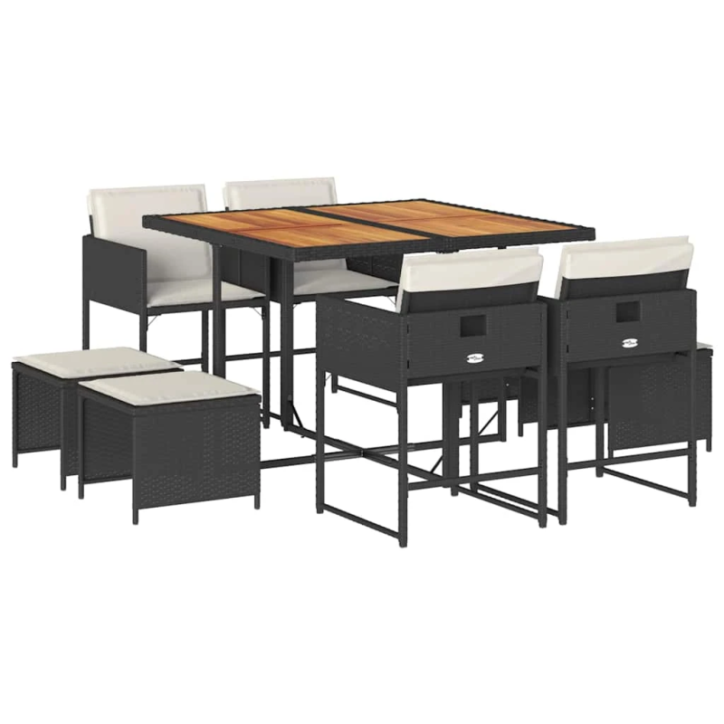 vidaXL 9-daļīgs dārza mēbeļu komplekts, matrači, melns, PE rotangpalma