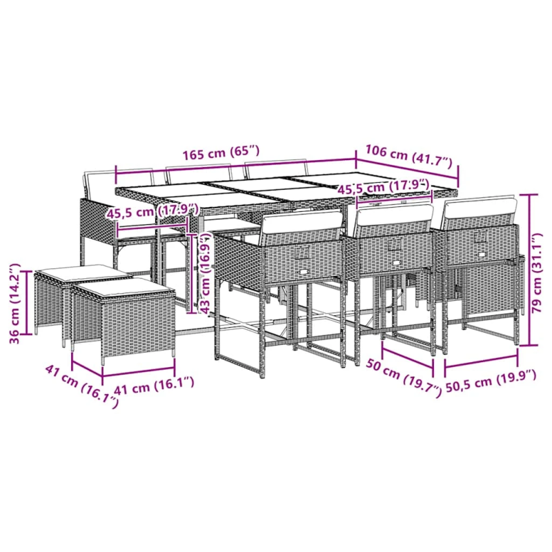 vidaXL 11-daļīgs dārza mēbeļu komplekts ar matračiem, PE rotangpalma