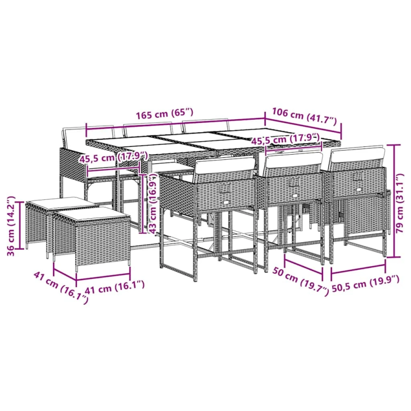 vidaXL 11-daļīgs dārza mēbeļu komplekts, matrači, melna PE rotangpalma