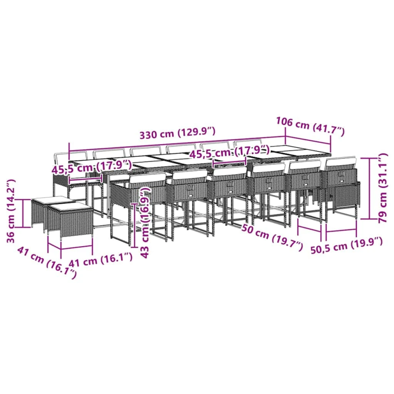vidaXL 17-daļīgs dārza mēbeļu komplekts ar matračiem, PE rotangpalma