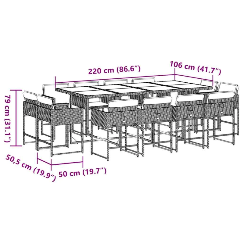 vidaXL 13-daļīgs dārza mēbeļu komplekts ar matračiem, gaiši pelēka PE