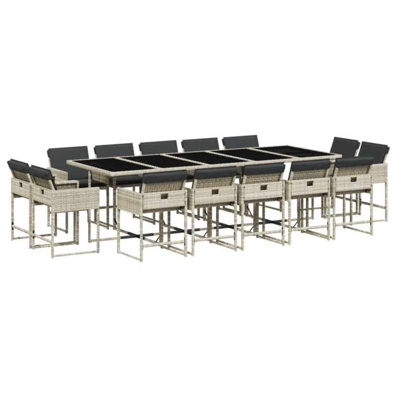 vidaXL 15-daļīgs dārza mēbeļu komplekts ar matračiem, gaiši pelēka PE