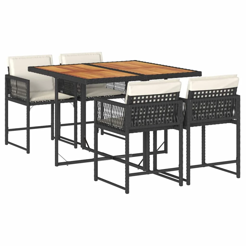 vidaXL 5-daļīgs dārza mēbeļu komplekts, matrači, melna PE rotangpalma