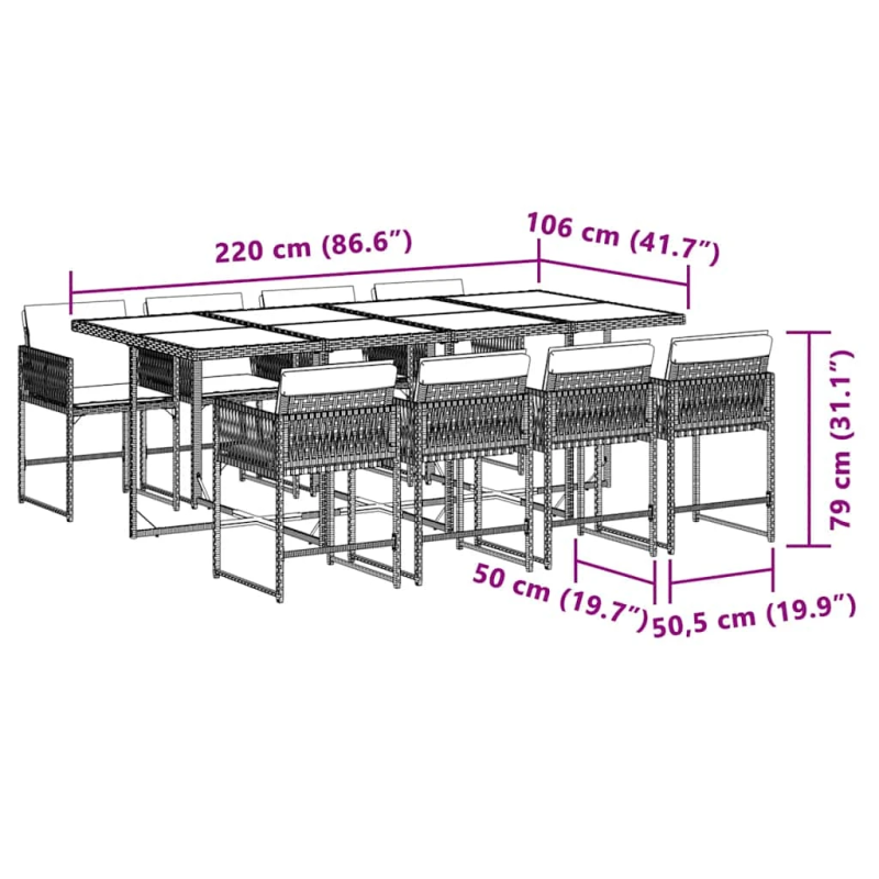vidaXL 9-daļīgs virtuves mēbeļu komplekts ar matračiem, PE rotangpalma