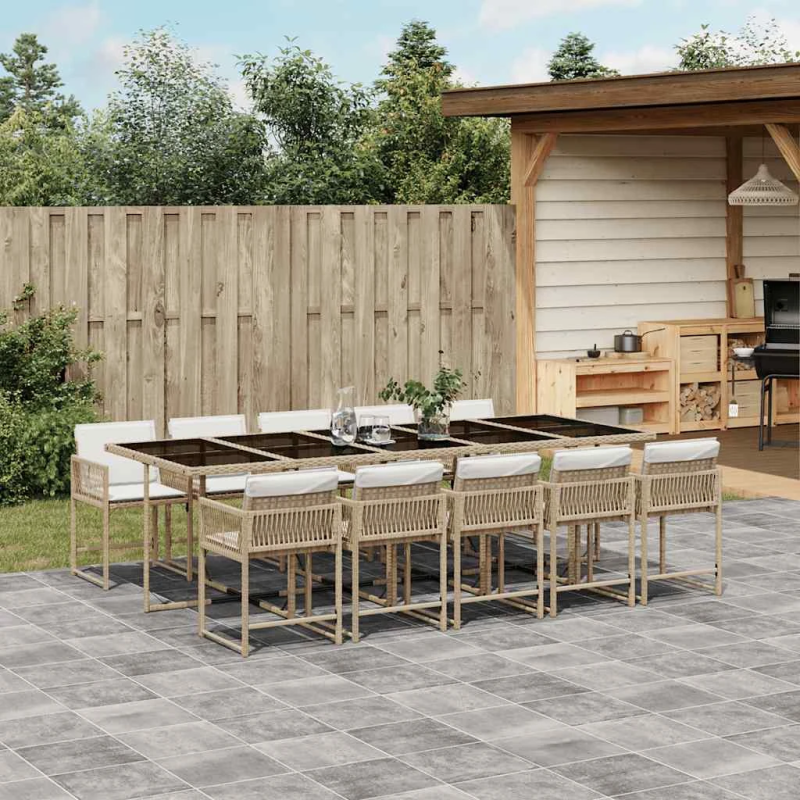 vidaXL 11-daļīgs dārza mēbeļu komplekts, matrači, bēša PE rotangpalma