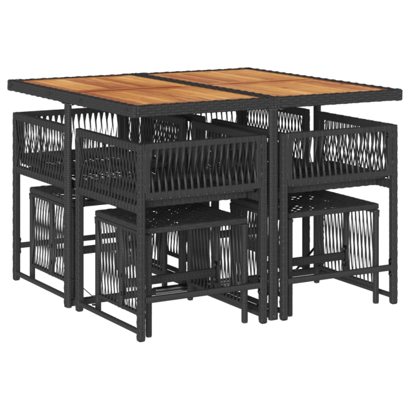 vidaXL 9-daļīgs dārza mēbeļu komplekts, matrači, melns, PE rotangpalma