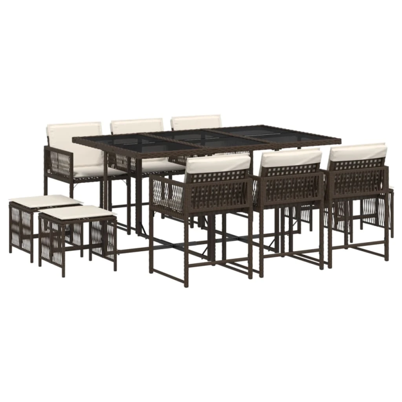 vidaXL 11-daļīgs dārza mēbeļu komplekts, matrači, brūna PE rotangpalma