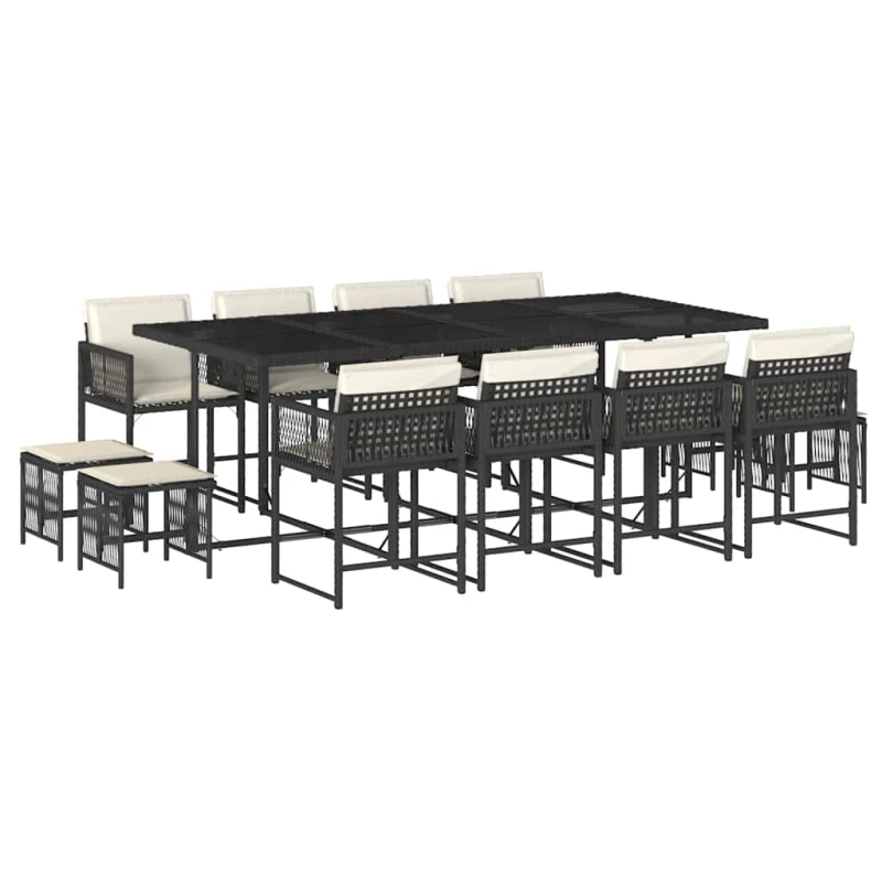 vidaXL 13-daļīgs dārza mēbeļu komplekts ar matračiem, melns PE