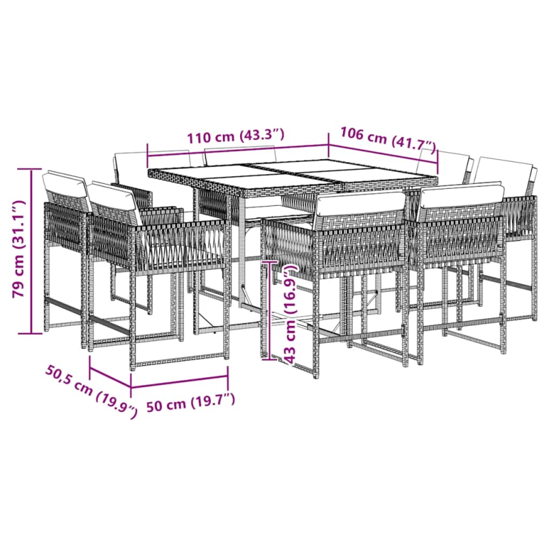 vidaXL 9-daļīgs dārza mēbeļu komplekts, matrači, melns, PE rotangpalma