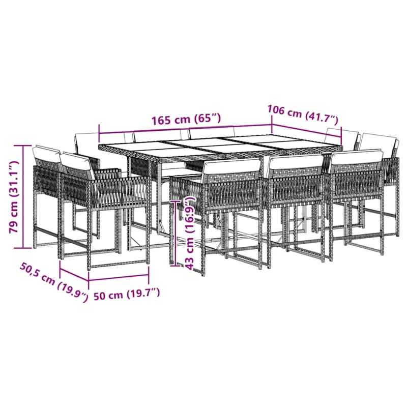 vidaXL 11-daļīgs dārza mēbeļu komplekts, matrači, melna PE rotangpalma