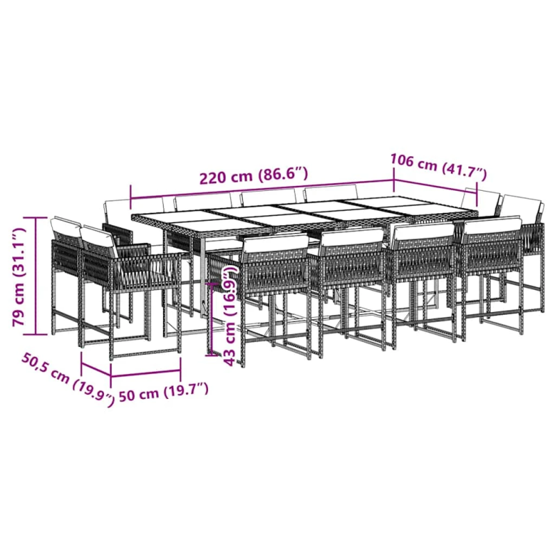 vidaXL 13-daļīgs dārza mēbeļu komplekts ar matračiem, melns PE