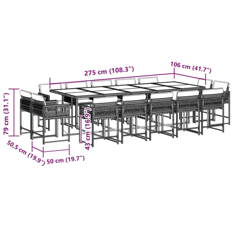 vidaXL 15-daļīgs dārza mēbeļu komplekts ar matračiem, melns PE