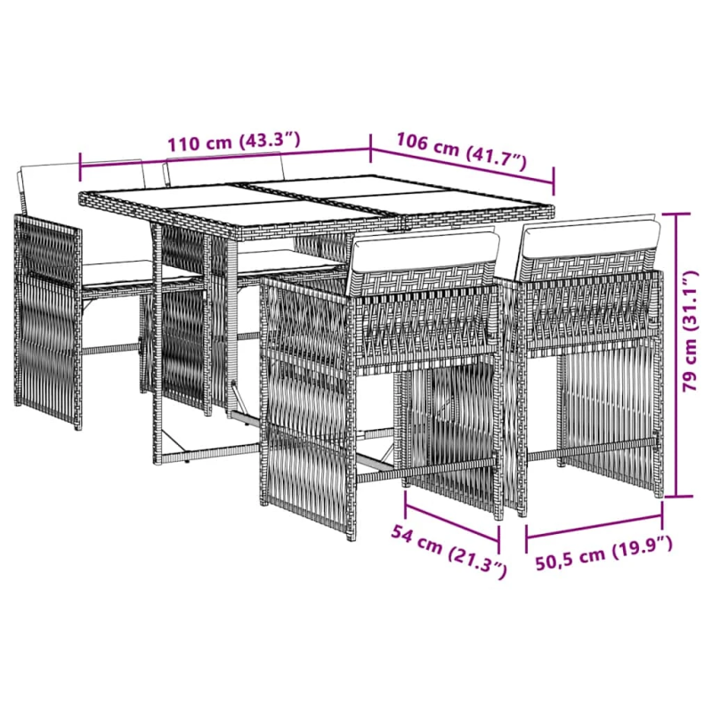 vidaXL 5-daļīgs dārza mēbeļu komplekts ar matračiem, PE rotangpalma