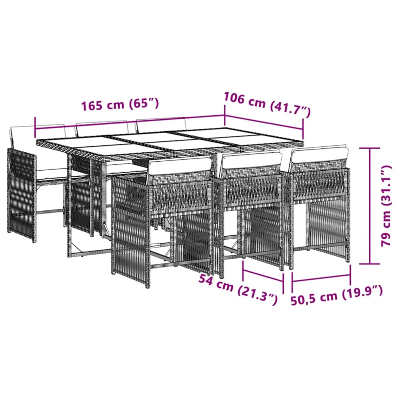 vidaXL 7-daļīgs virtuves mēbeļu komplekts ar matračiem,PE rotangpalma