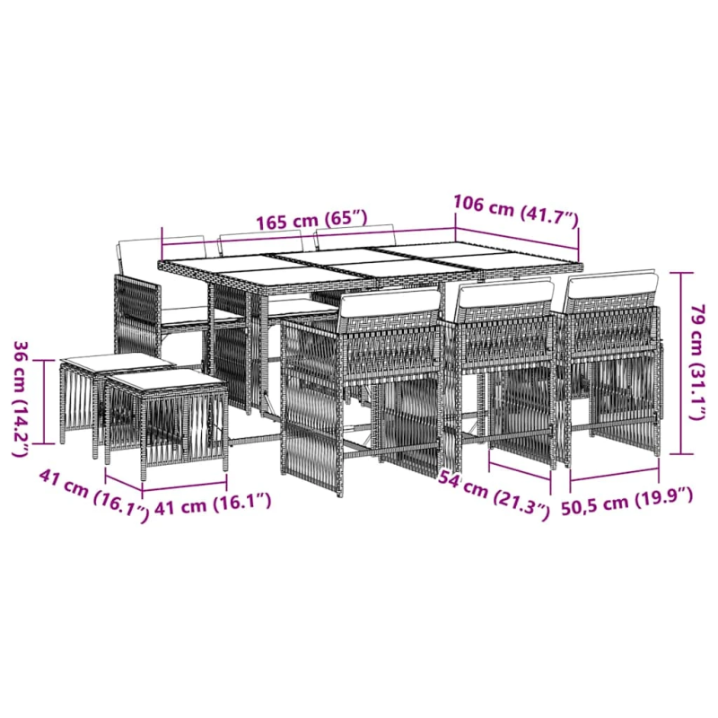 vidaXL 11-daļīgs dārza mēbeļu komplekts, matrači, melna PE rotangpalma
