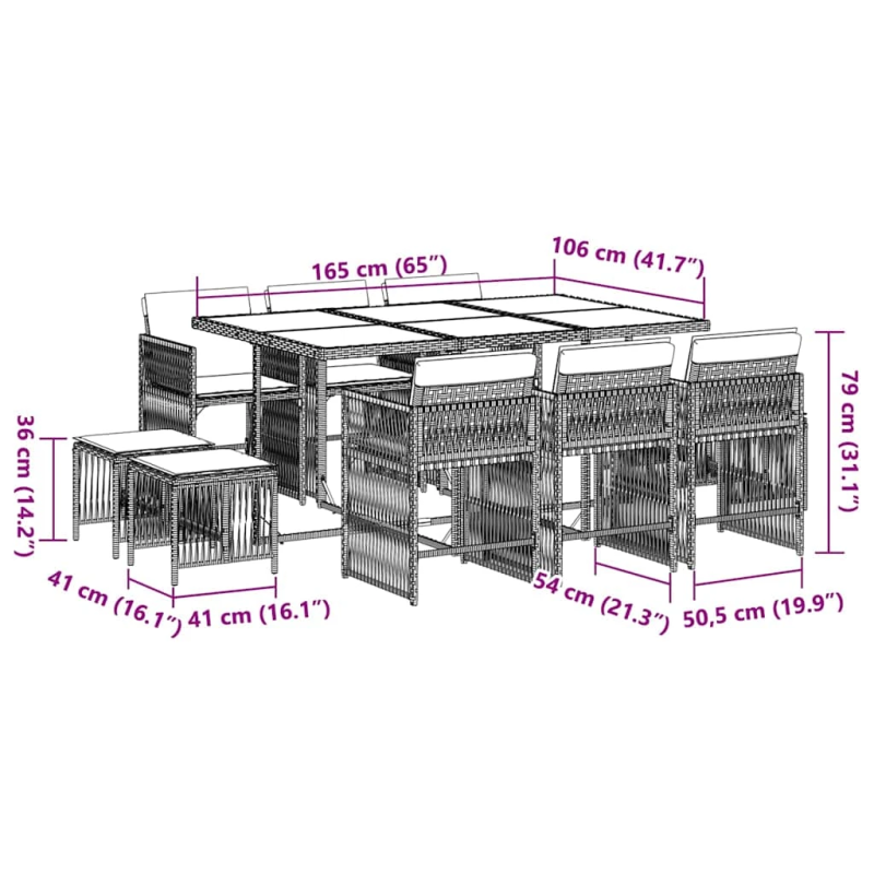 vidaXL 11-daļīgs dārza mēbeļu komplekts ar matračiem, PE rotangpalma