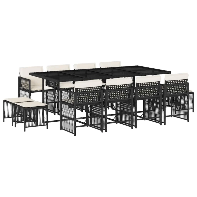 vidaXL 13-daļīgs dārza mēbeļu komplekts ar matračiem, melns PE