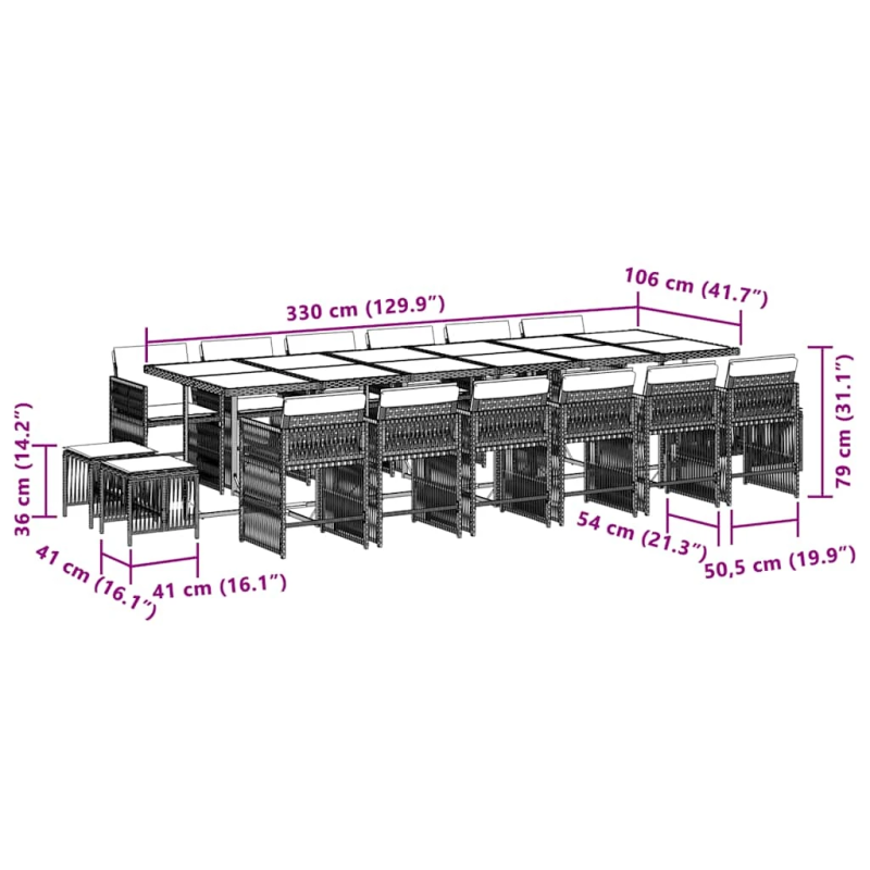 vidaXL 17-daļīgs virtuves mēbeļu komplekts ar matračiem,PE rotangpalma