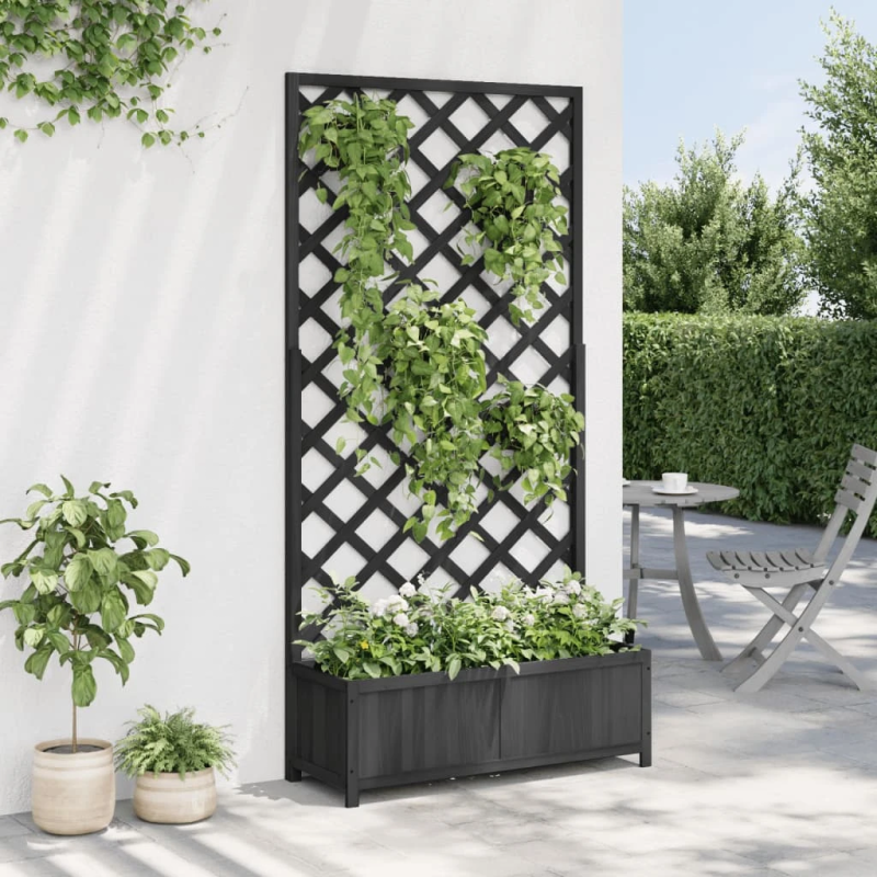 vidaXL puķu kaste ar špaleru, melna, egles masīvkoks