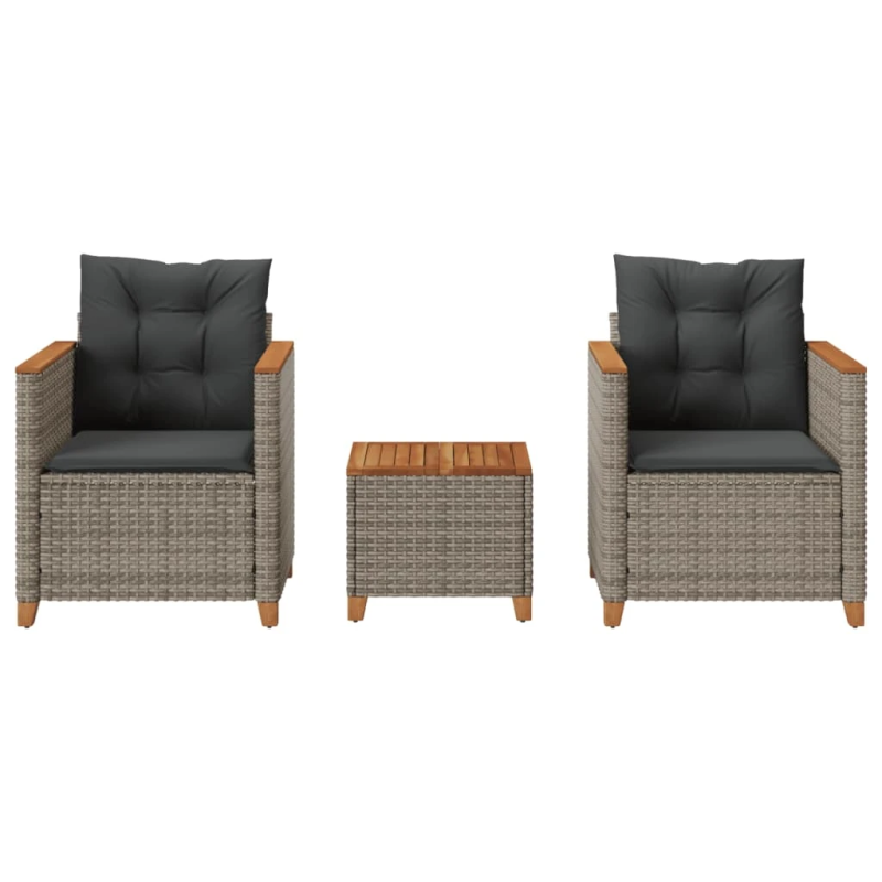 vidaXL 3-daļīgs bistro mēbeļu komplekts, matrači,pelēka PE rotangpalma