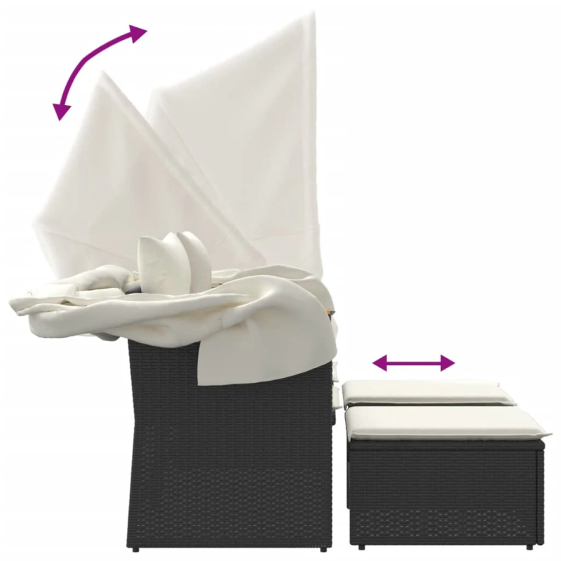 vidaXL divvietīgs dārza dīvāns ar jumtiņu un taburetēm, melns, PE