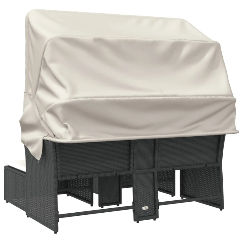 vidaXL divvietīgs dārza dīvāns ar jumtiņu un taburetēm, melns, PE