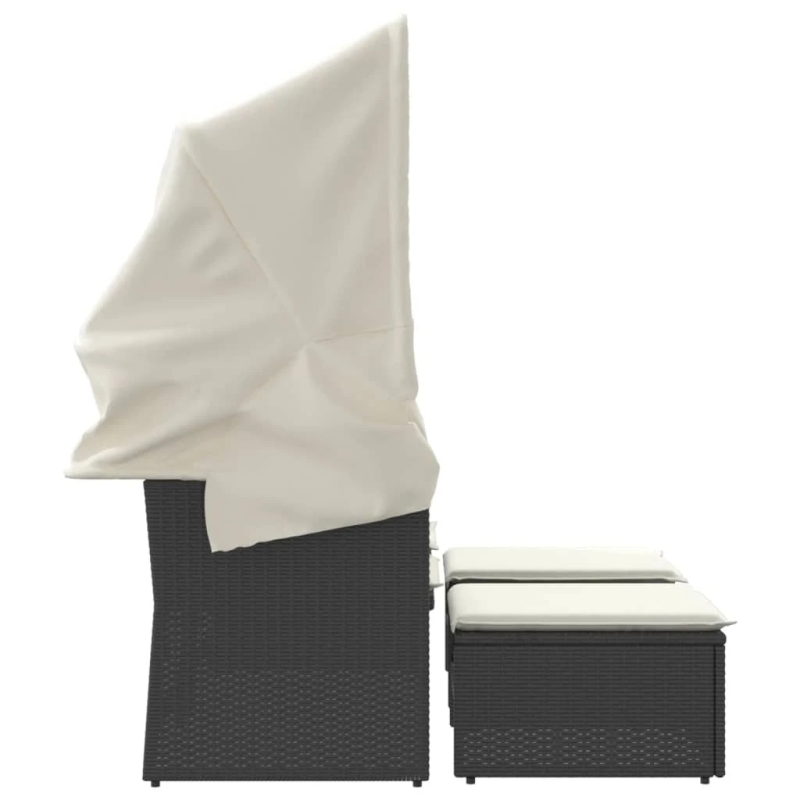 vidaXL divvietīgs dārza dīvāns ar jumtiņu un taburetēm, melns, PE