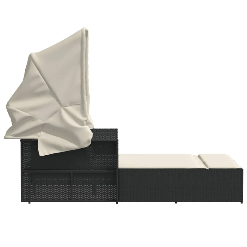 vidaXL divvietīgs sauļošanās krēsls ar jumtiņu, melna PE rotangpalma