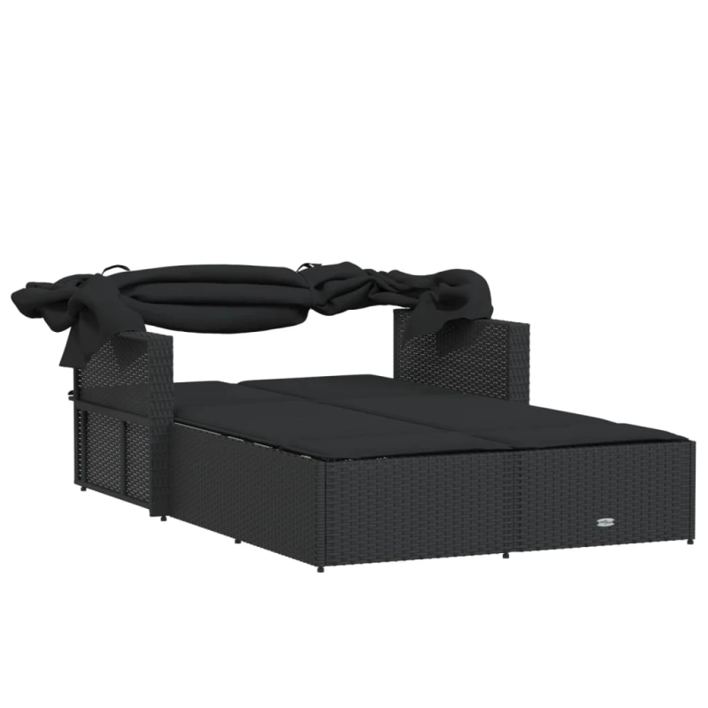 vidaXL divvietīgs sauļošanās krēsls ar jumtiņu, melna PE rotangpalma