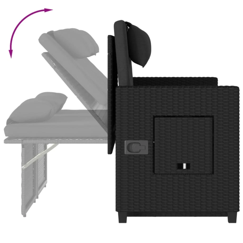 vidaXL atgāžams dārza krēsls ar matračiem, melna PE rotangpalma