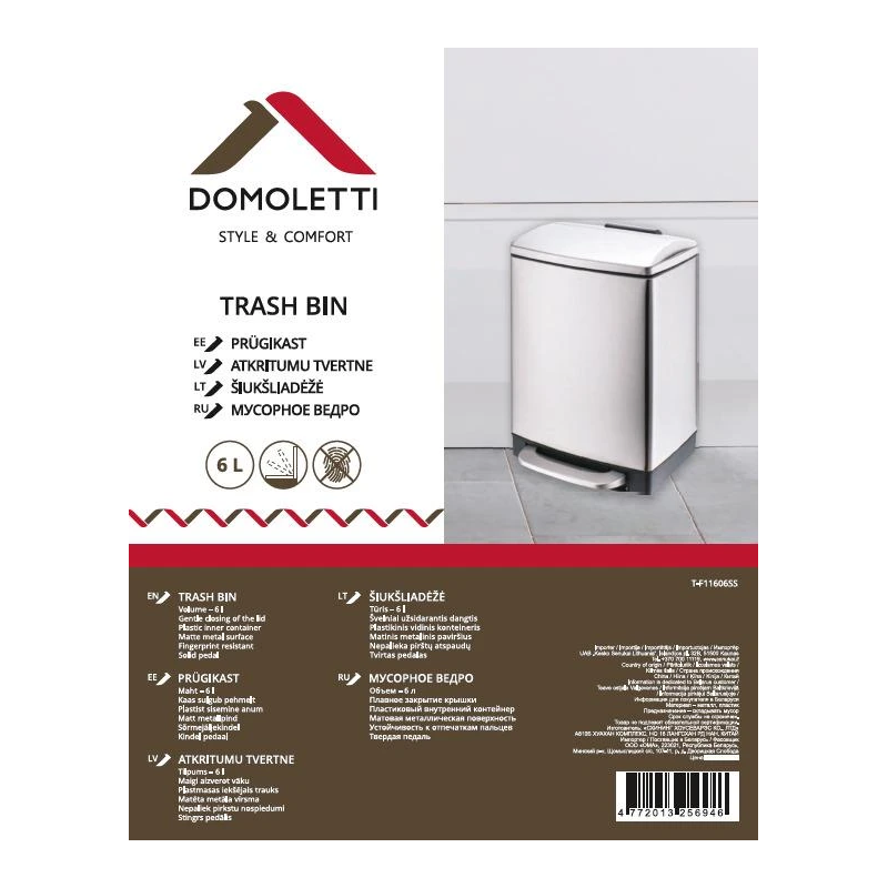 Kvadrātveida atkritumu tvertne ar pedāli DOMOLETTI. 6 l. mat. sudr.