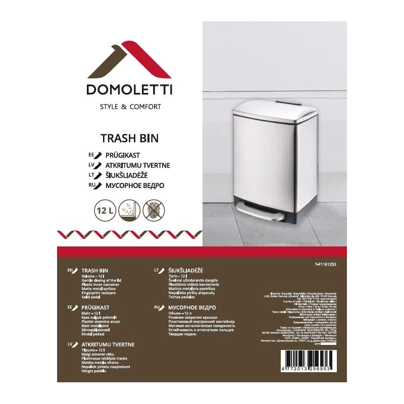 Kvadrātveida atkritumu tvertne ar pedāli DOMOLETTI. 12 l. mat. sid.