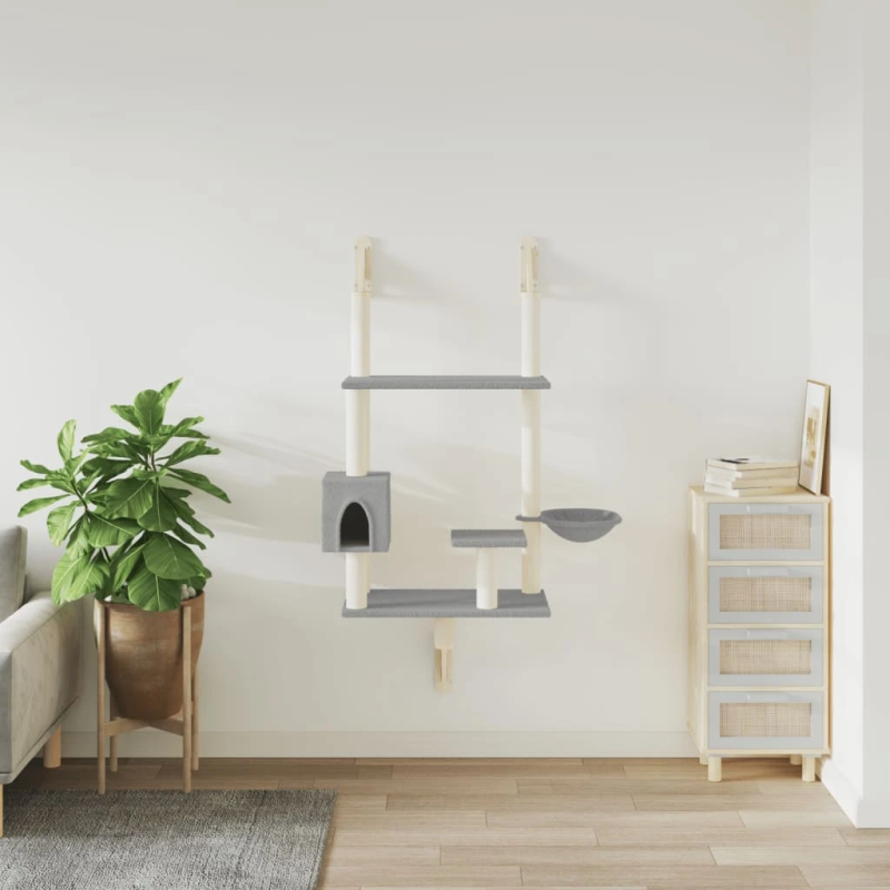 vidaXL kaķu māja ar stabu nagu asināšanai, 153 cm, gaiši pelēka