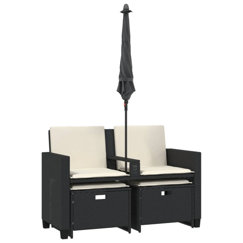 vidaXL divvietīgs dārza dīvāns ar saulessargu un soliņiem, melns, PE