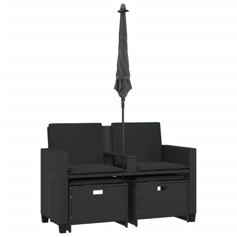 vidaXL divvietīgs dārza dīvāns ar saulessargu un soliņiem, melns, PE