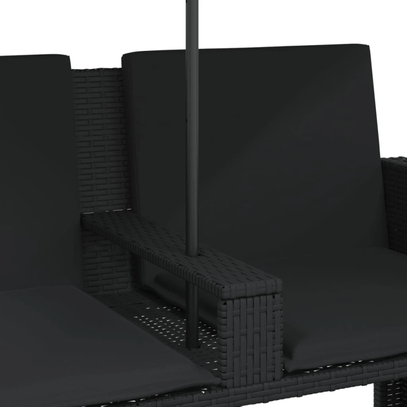 vidaXL divvietīgs dārza dīvāns ar saulessargu un soliņiem, melns, PE