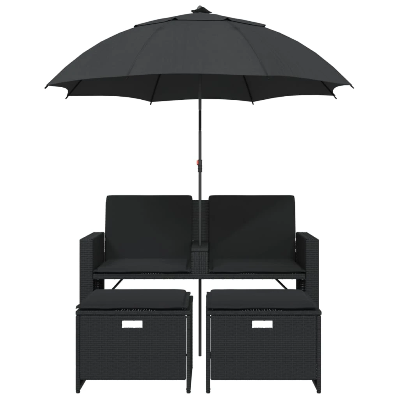 vidaXL divvietīgs dārza dīvāns ar saulessargu un soliņiem, melns, PE