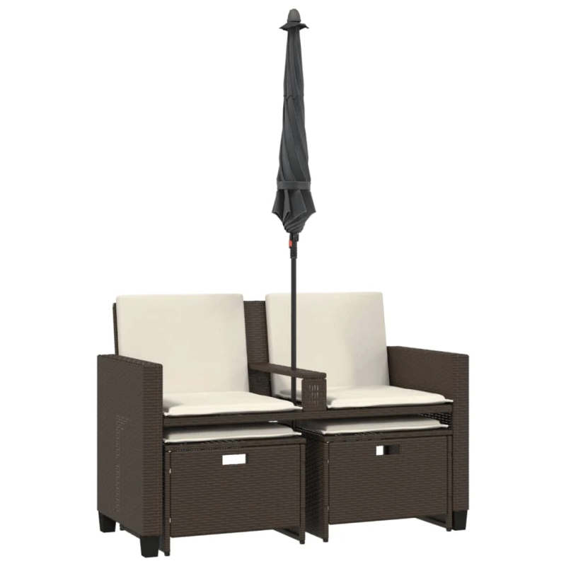 vidaXL divvietīgs dārza dīvāns ar saulessargu un soliņiem, brūns, PE