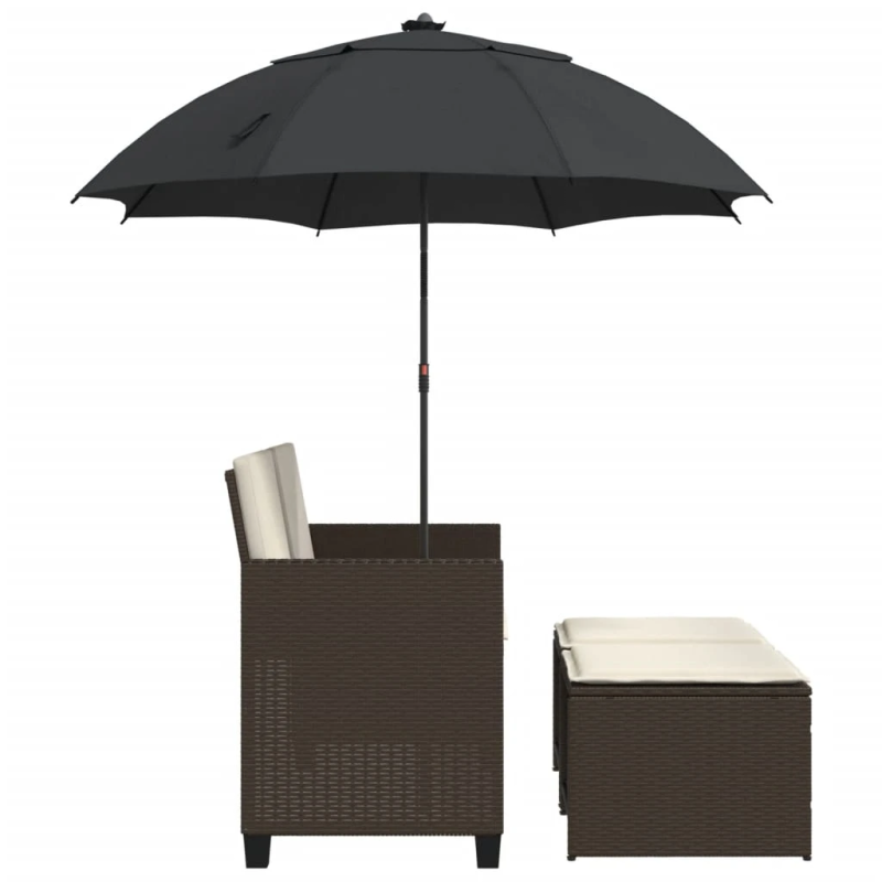 vidaXL divvietīgs dārza dīvāns ar saulessargu un soliņiem, brūns, PE