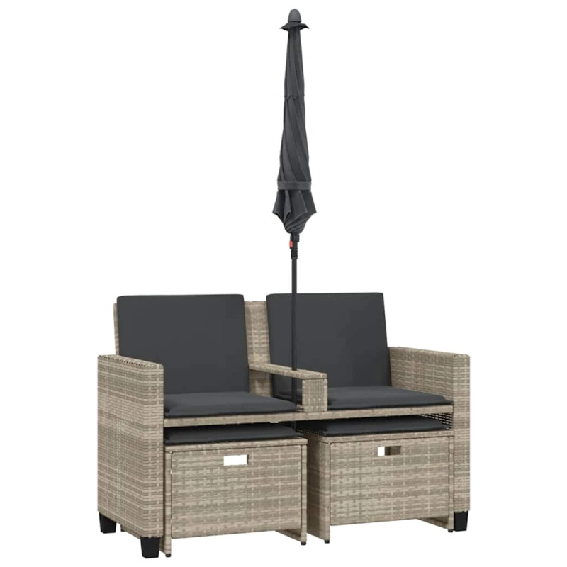 vidaXL divvietīgs dārza dīvāns ar saulessargu un soliņiem, pelēks, PE