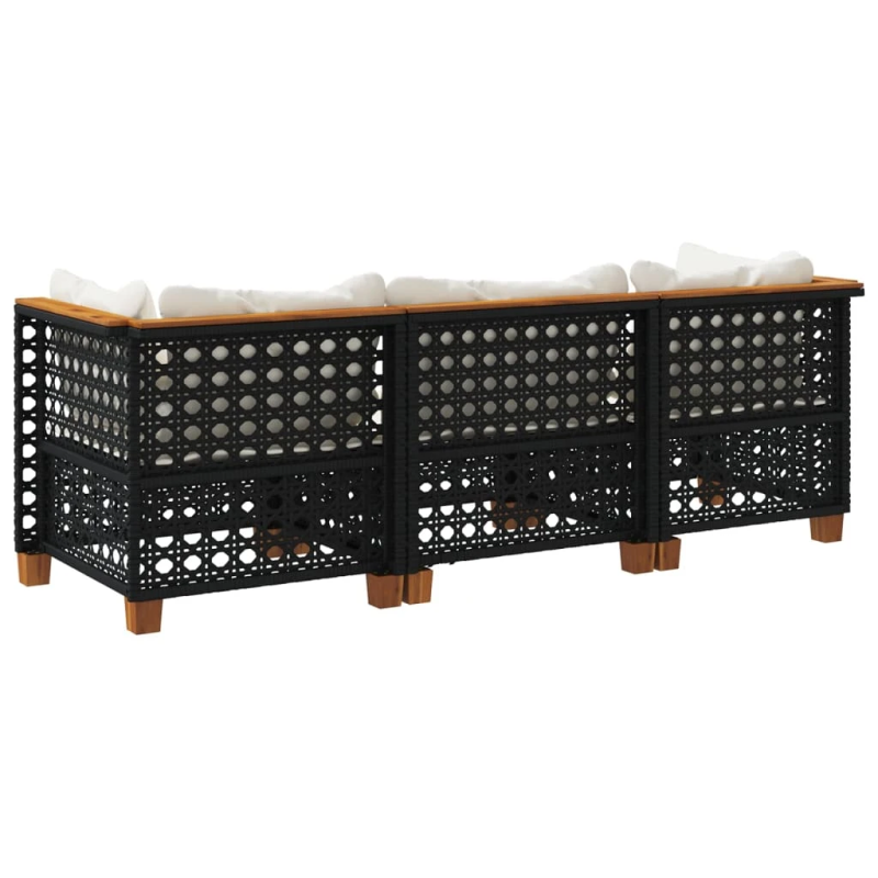 vidaXL trīsvietīgs dārza dīvāns ar matračiem, melna PE rotangpalma