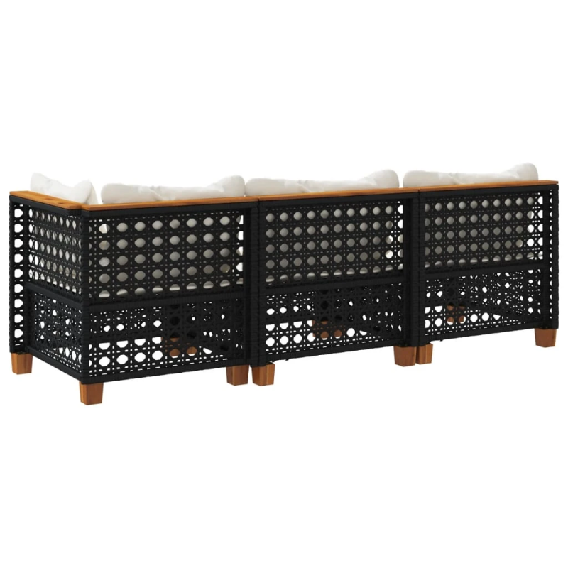 vidaXL trīsvietīgs dārza dīvāns ar matračiem, melna PE rotangpalma