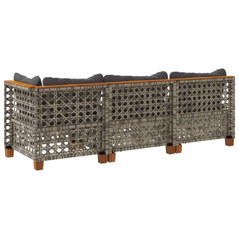 vidaXL trīsvietīgs dārza dīvāns ar matračiem, pelēka PE rotangpalma