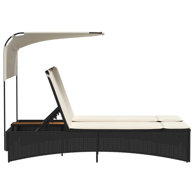 vidaXL divvietīgs sauļošanās krēsls ar jumtiņu, melna PE rotangpalma