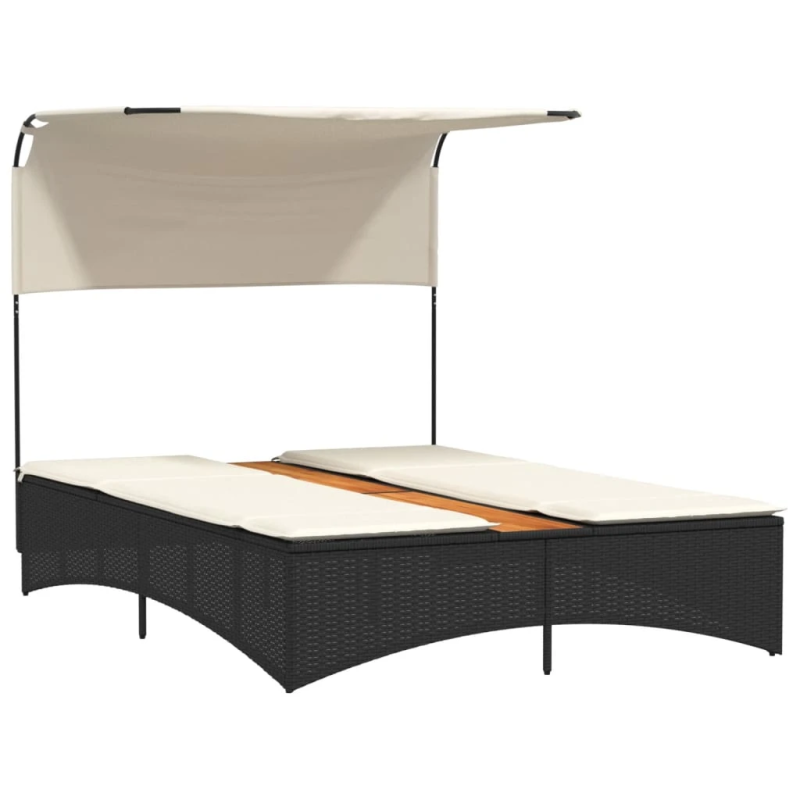 vidaXL divvietīgs sauļošanās krēsls ar jumtiņu, melna PE rotangpalma