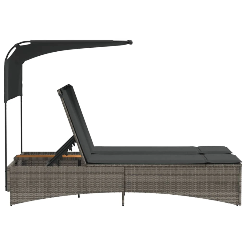 vidaXL divvietīgs sauļošanās krēsls ar jumtiņu, pelēka PE rotangpalma