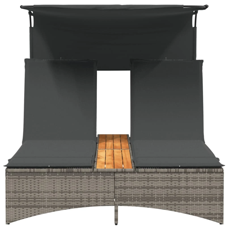 vidaXL divvietīgs sauļošanās krēsls ar jumtiņu, pelēka PE rotangpalma