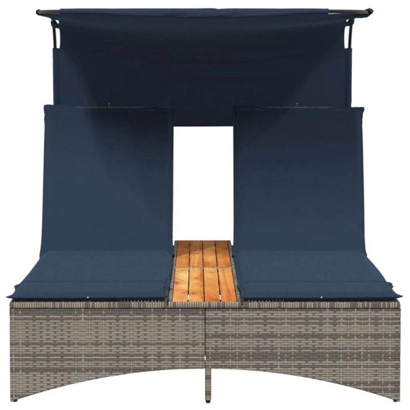 vidaXL divvietīgs sauļošanās krēsls ar jumtiņu un spilveniem, pelēks polietilēna rotangpalmas pinums