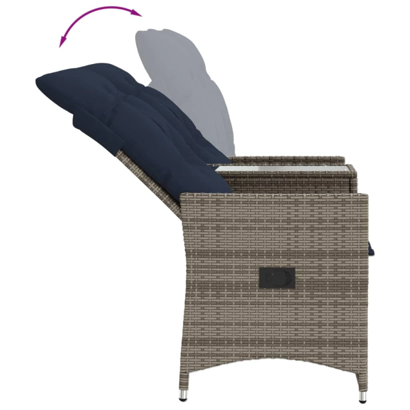 vidaXL atgāžams dārza dīvāns, divvietīgs, ar galdu, pelēks, polietilēna rotangpalma